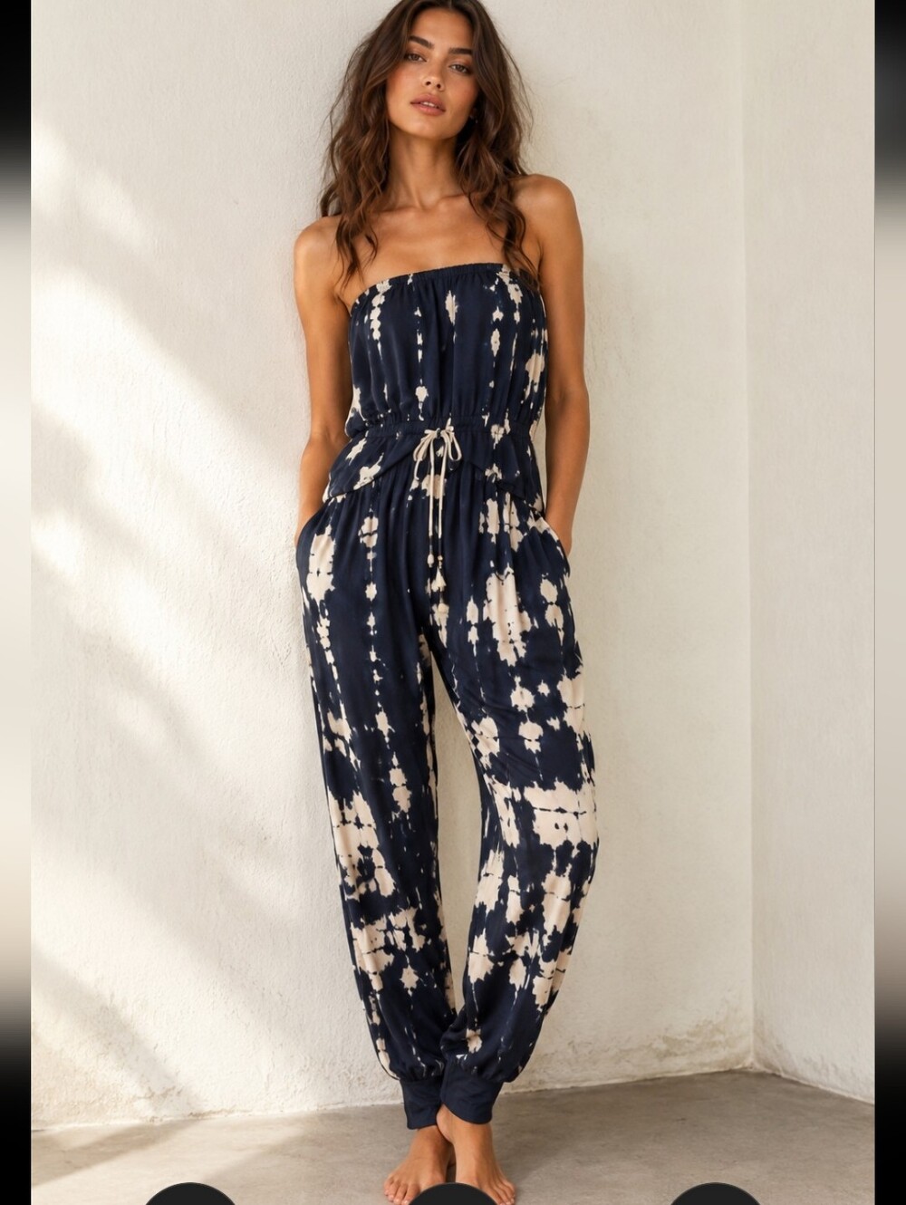 Young Fabulous  & Broke Strapless Navy Tie-Dye Jumpsuit Fabulous!